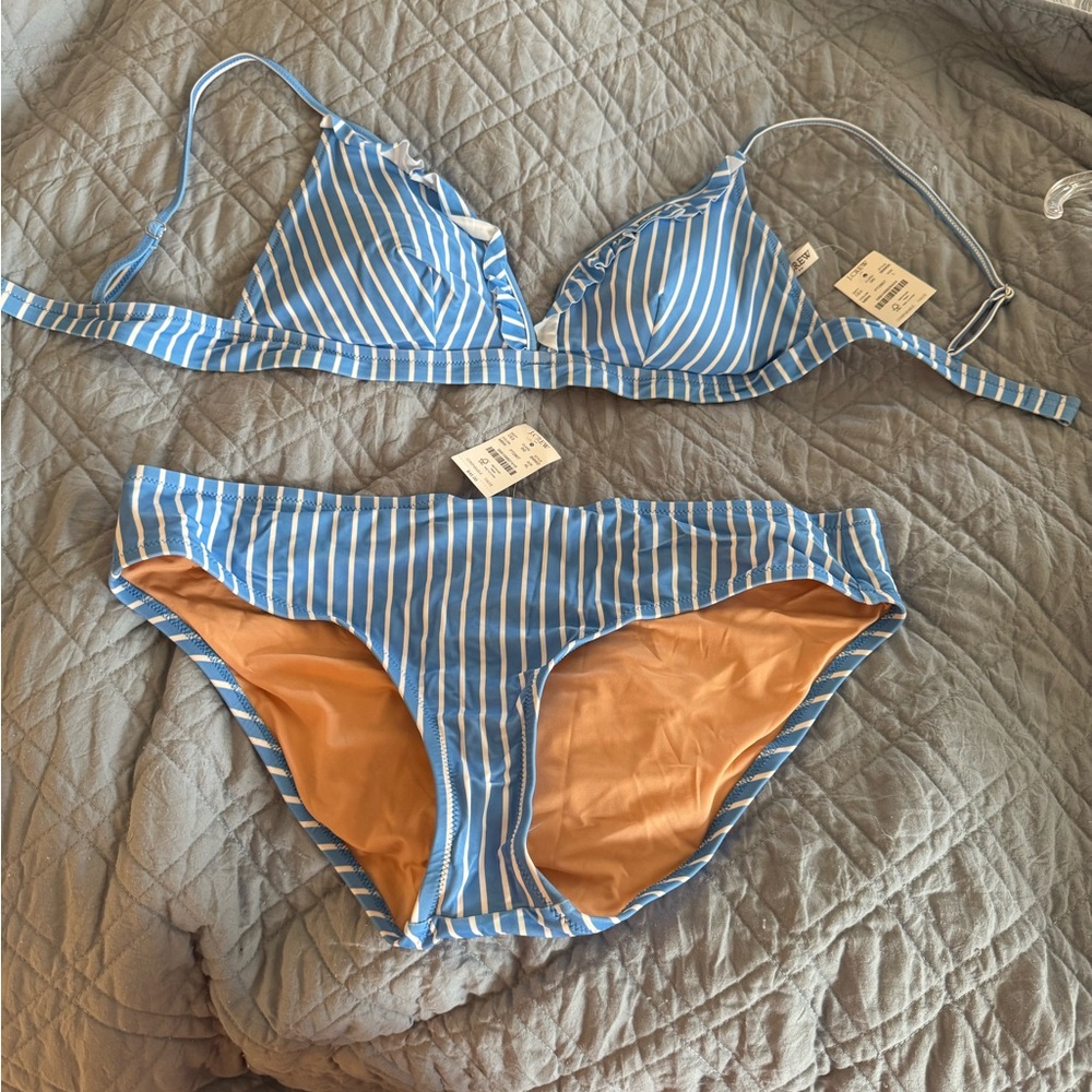 J. crew Striped Blue and White Bikini Top L and bottom XL NWT